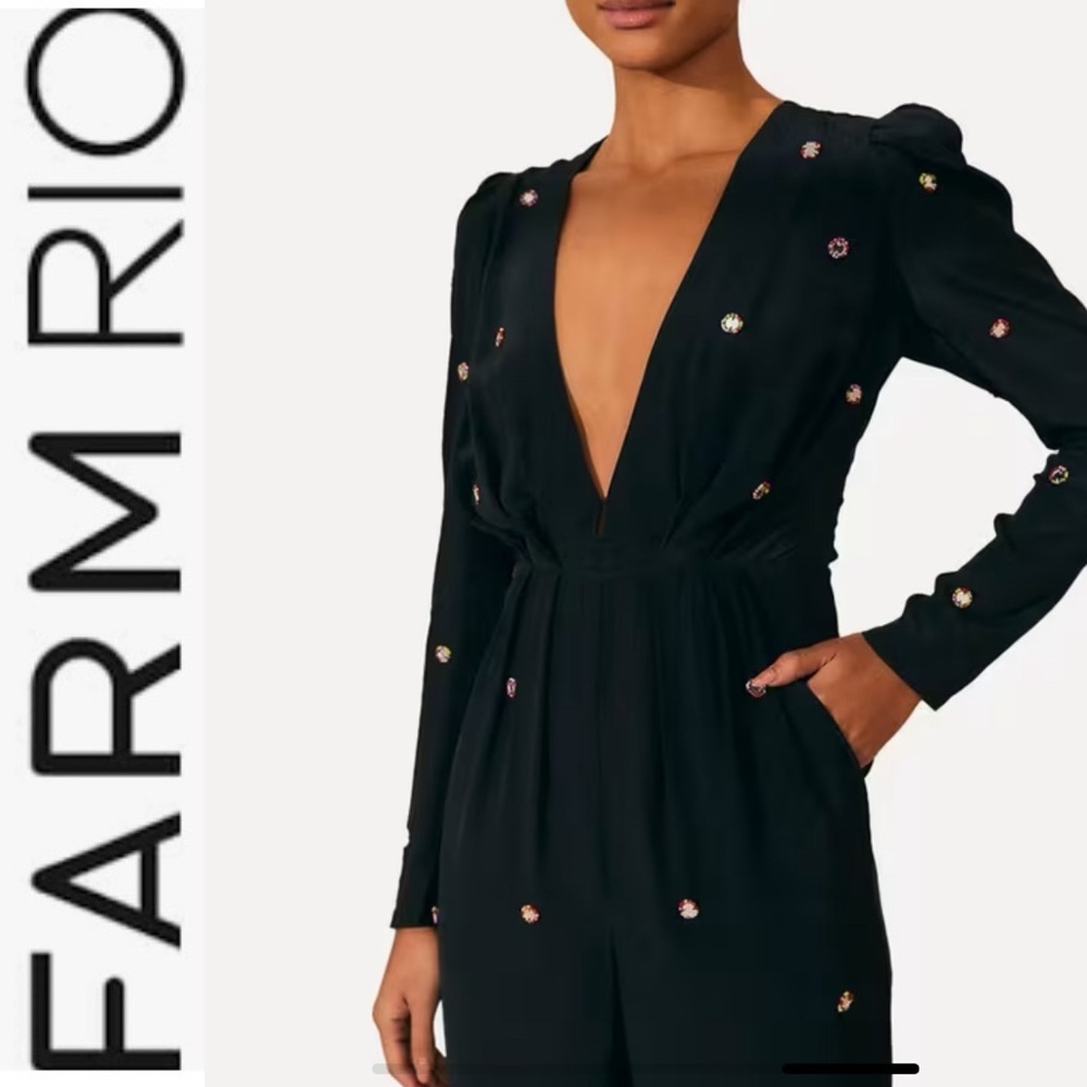 NWT Farm Rio Black Mirror Satin Jumpsuit with Embellishments s - Picture 2 of 16
